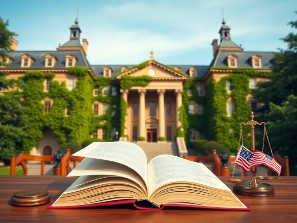 Flick International Ivy League university building with ivy-covered walls and a large open book on a wooden desk