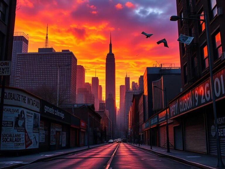 Flick International Dramatic New York City skyline at sunset with graffiti reflecting political tensions