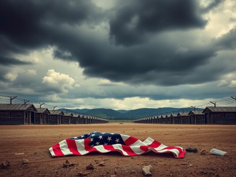 Flick International Empty internment camp with barbed-wire fencing and a crumpled American flag