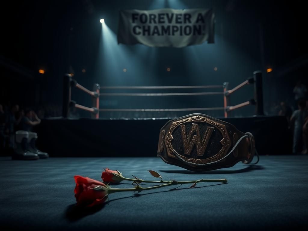 Flick International A somber wrestling ring illuminated by a spotlight, featuring an old leather wrestling belt and a red rose on the mat.