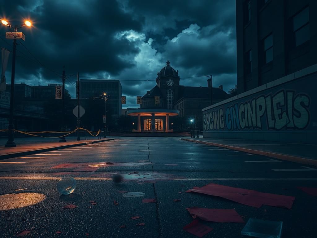 Flick International A deserted downtown Cincinnati street showing remnants of chaos after a violent incident