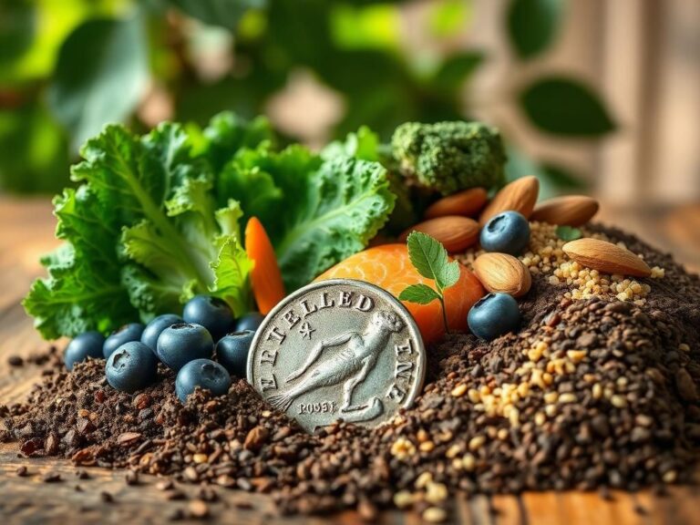 Flick International A vibrant still-life composition showcasing nutrient-rich foods including kale, blueberries, almonds, salmon, and quinoa, with a Roman coin partially buried in soil.