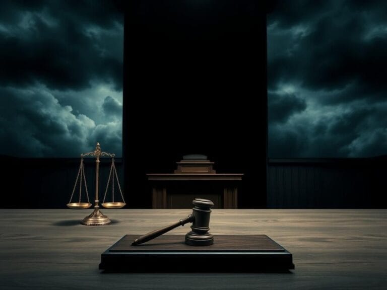 Flick International A dramatic courtroom scene depicting an empty judge's bench and gavel symbolizing political tension and judicial integrity