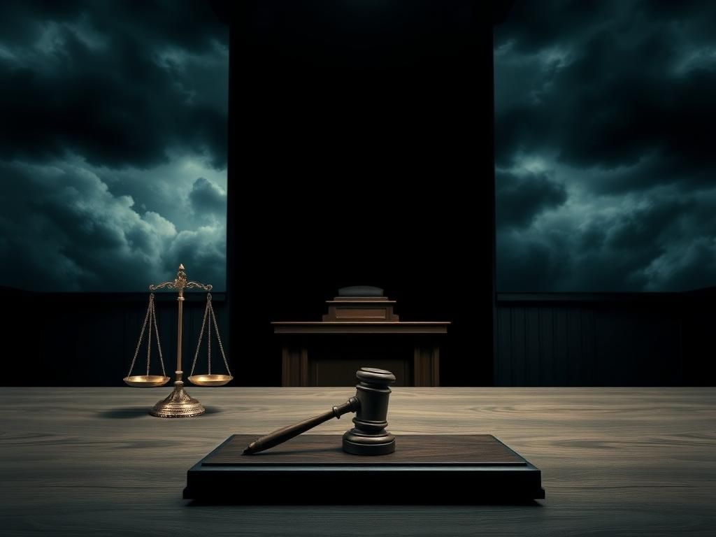 Flick International A dramatic courtroom scene depicting an empty judge's bench and gavel symbolizing political tension and judicial integrity
