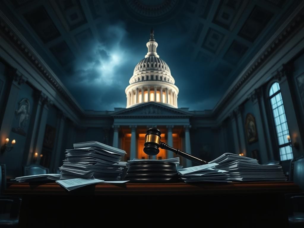 Flick International A dramatic view of the U.S. Capitol rotunda showcasing a grand wooden desk with confirmation documents and a gavel