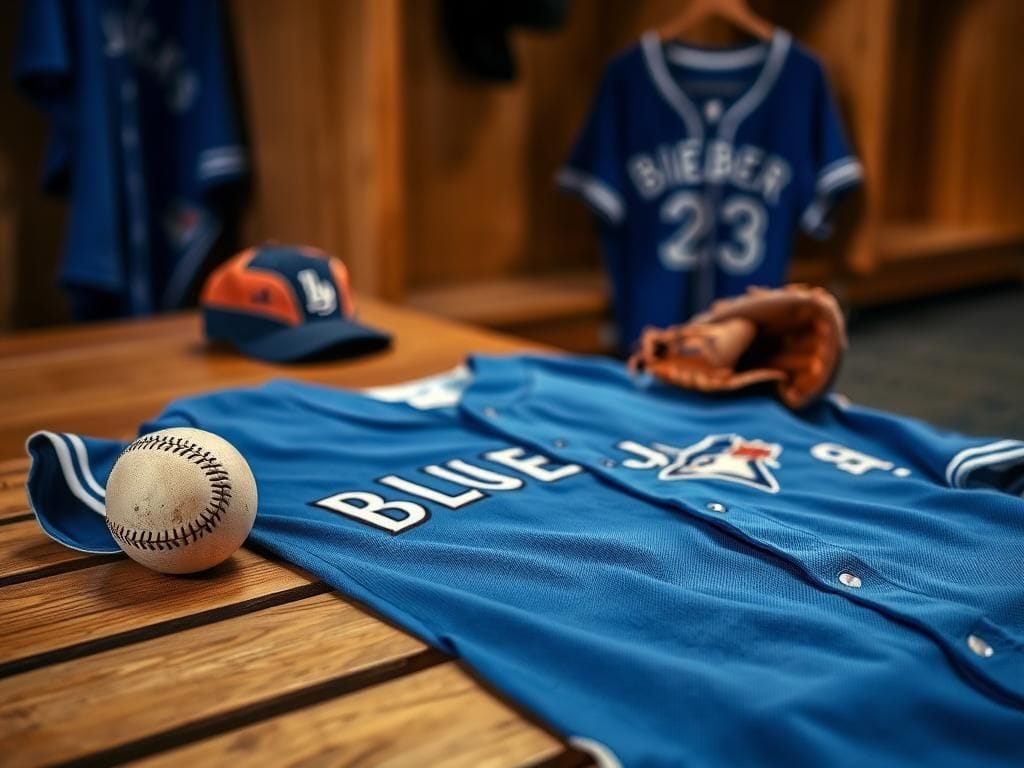 Flick International Toronto Blue Jays jersey on a wooden bench with baseball glove and worn baseball