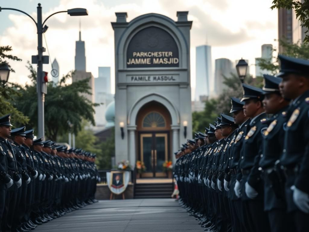 Flick International Police officers pay tribute to fallen officer Didarul Islam outside the Parkchester Jame Masjid in the Bronx