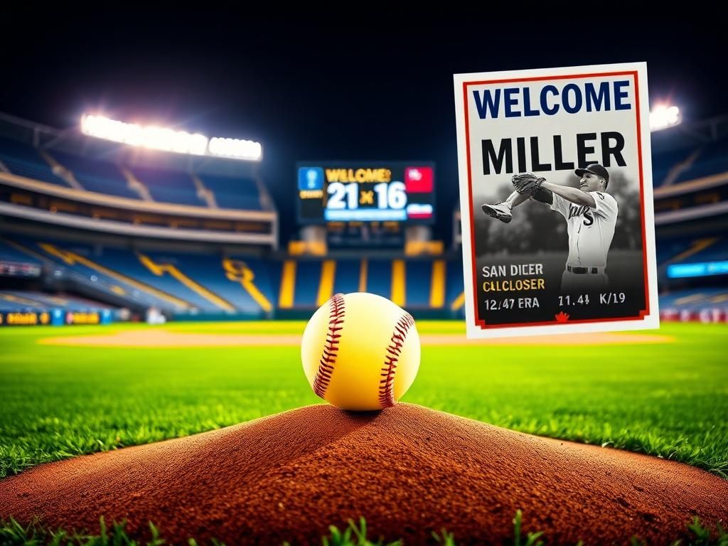 Flick International A vibrant baseball scene with an empty pitcher's mound and a glowing baseball, symbolizing Mason Miller's trade to the Padres.