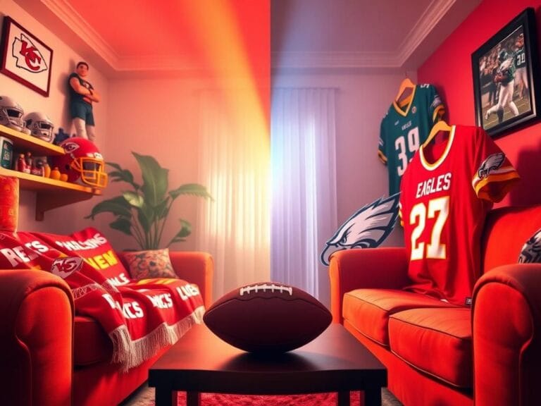Flick International A vibrant scene depicting a Kansas City Chiefs themed living room and a Philadelphia Eagles themed space, showcasing football fandom.