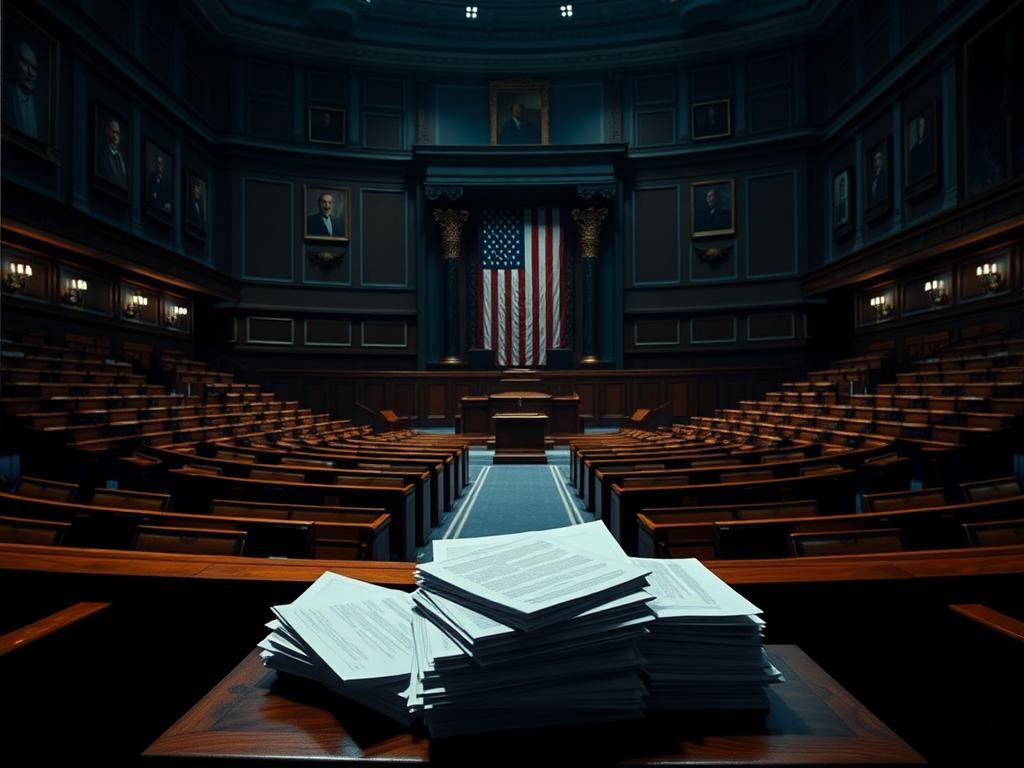 Flick International A dimly lit Senate chamber with empty benches and a pile of nomination documents symbolizing stalled confirmations