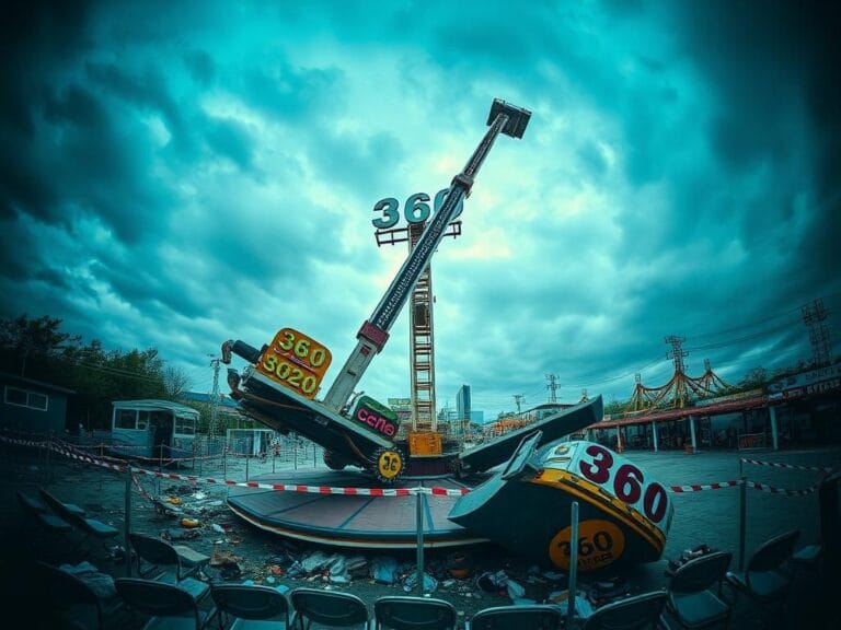 Flick International malfunctioning amusement park ride with detached arm and emergency response scene