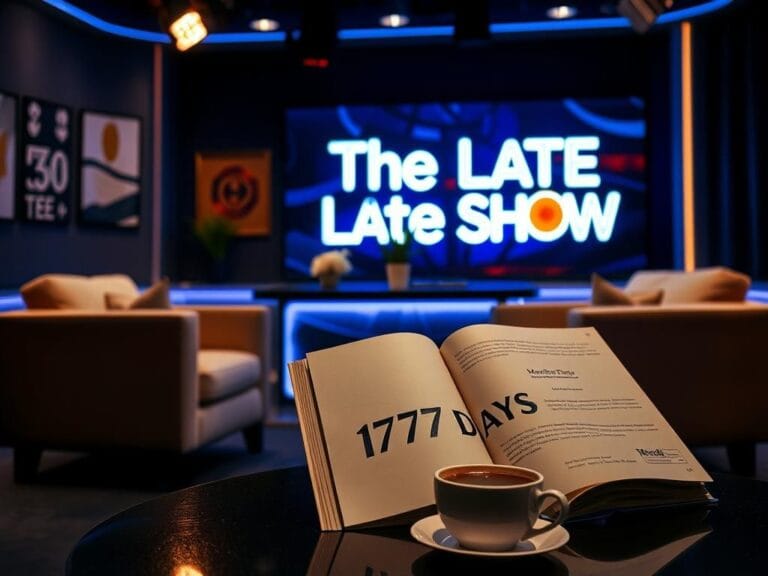 Flick International Dimly lit late-night talk show set featuring a modern desk and plush armchairs