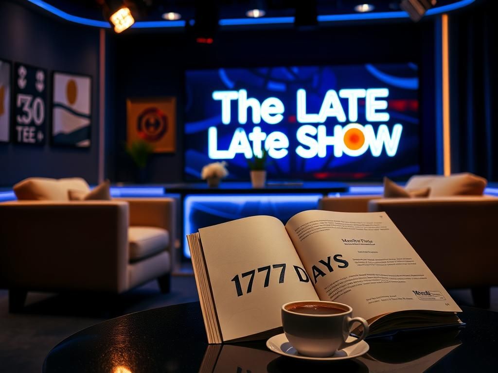 Flick International Dimly lit late-night talk show set featuring a modern desk and plush armchairs