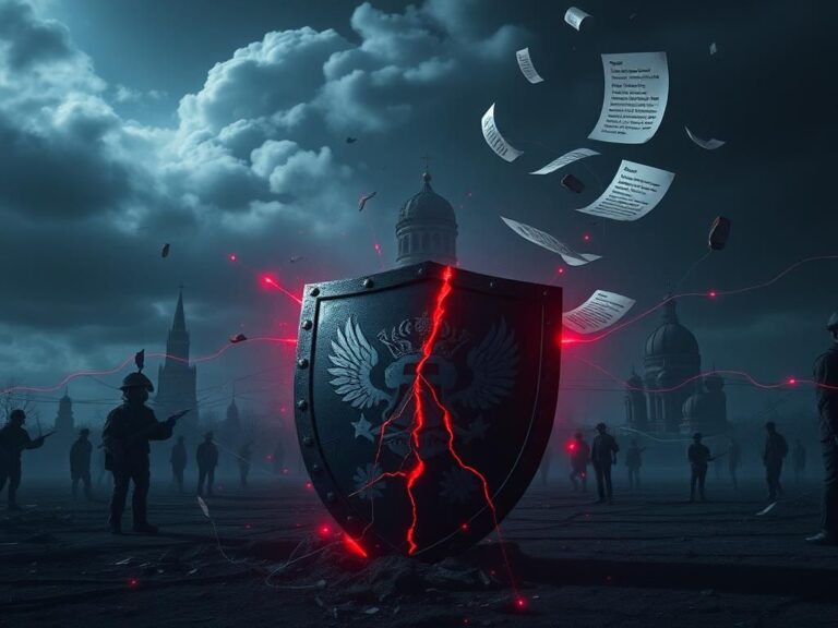 Flick International Darkened landscape representing a digital battlefield with silhouettes of war-like structures made of binary code.