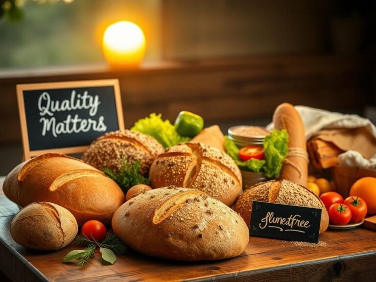 Flick International Artisan bread selection on a rustic wooden table with colorful vegetables and fruits