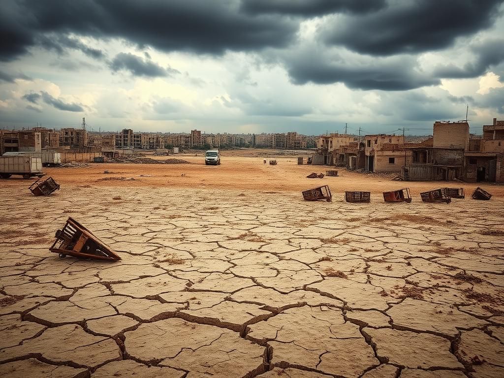 Flick International A desolate landscape in the Gaza Strip with cracked earth and abandoned farm equipment symbolizing agricultural collapse.