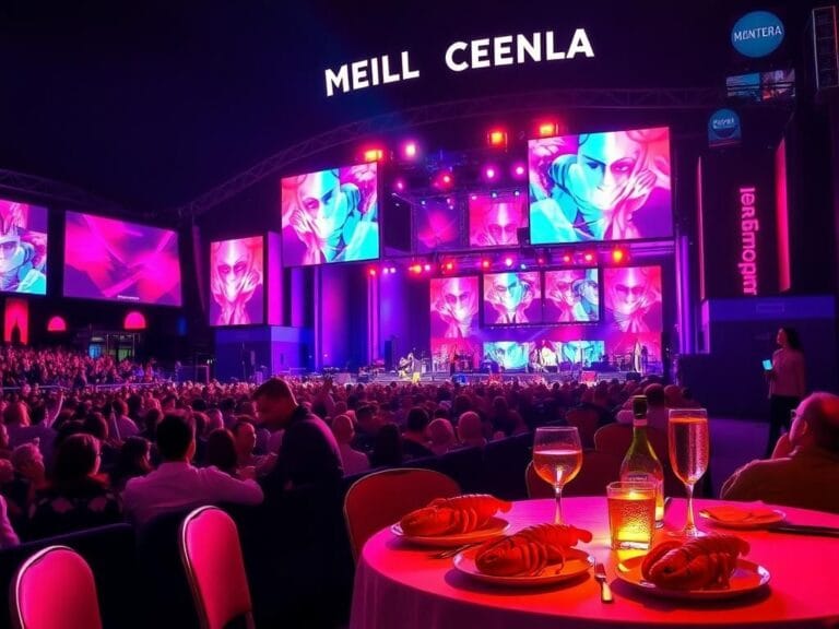 Flick International Colorful nighttime scene at Montreal's Bell Centre during a concert, featuring vibrant stage lights and silhouettes of fans.
