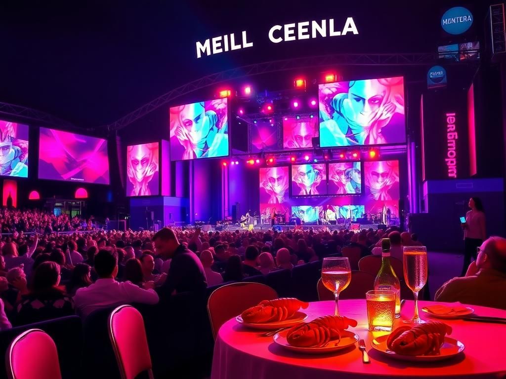 Flick International Colorful nighttime scene at Montreal's Bell Centre during a concert, featuring vibrant stage lights and silhouettes of fans.