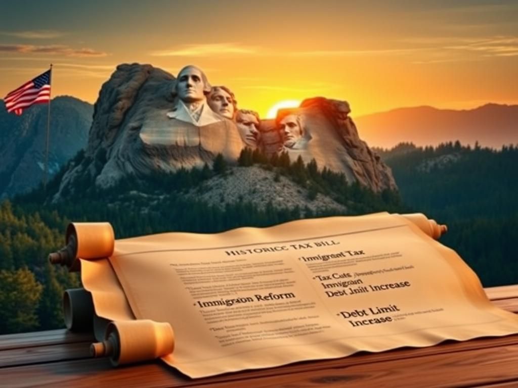 Flick International Majestic view of Mount Rushmore at sunrise with American flag overlay