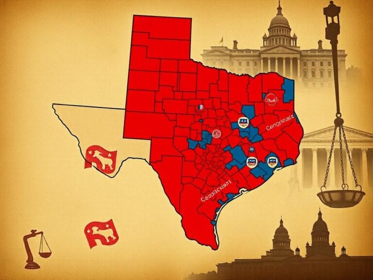 Flick International Stylized map of Texas with highlighted congressional district boundaries illustrating Democratic and Republican areas