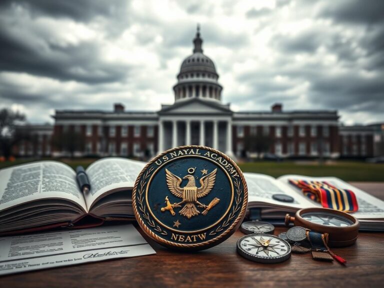 Flick International A weathered military insignia on a wooden desk surrounded by books and documents at the U.S. Naval Academy