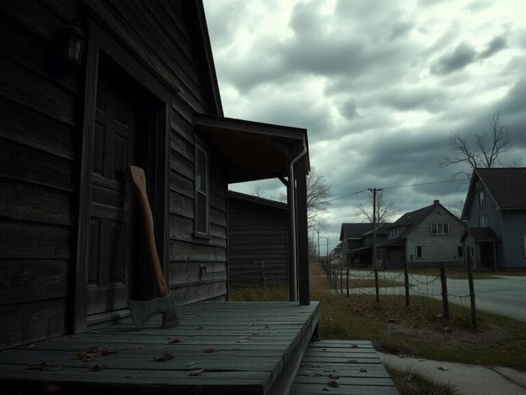 Flick International Weathered wooden porch with an ax symbolizing tragedy in Rochester, Minnesota