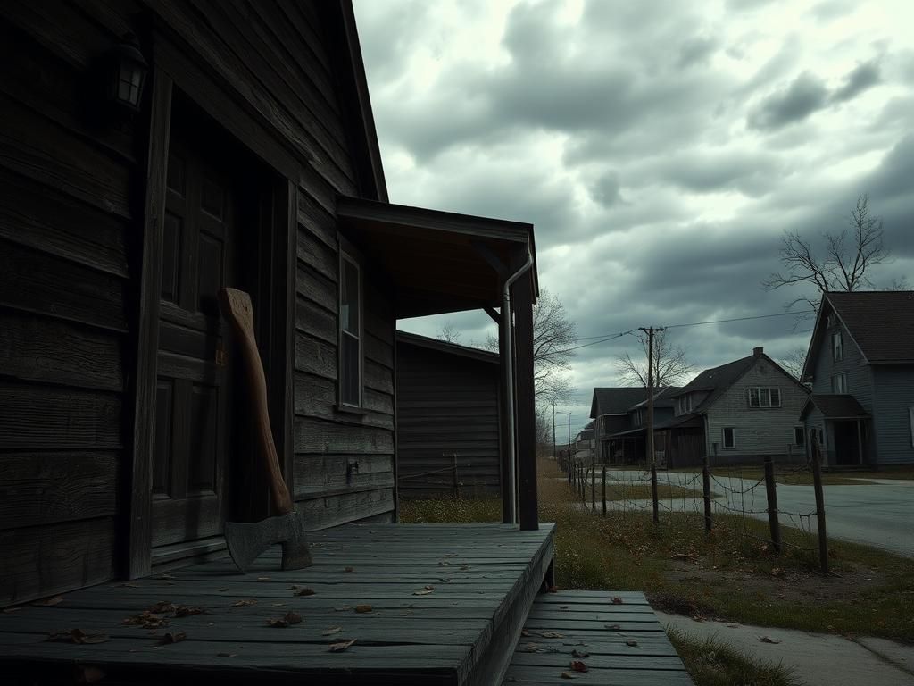 Flick International Weathered wooden porch with an ax symbolizing tragedy in Rochester, Minnesota