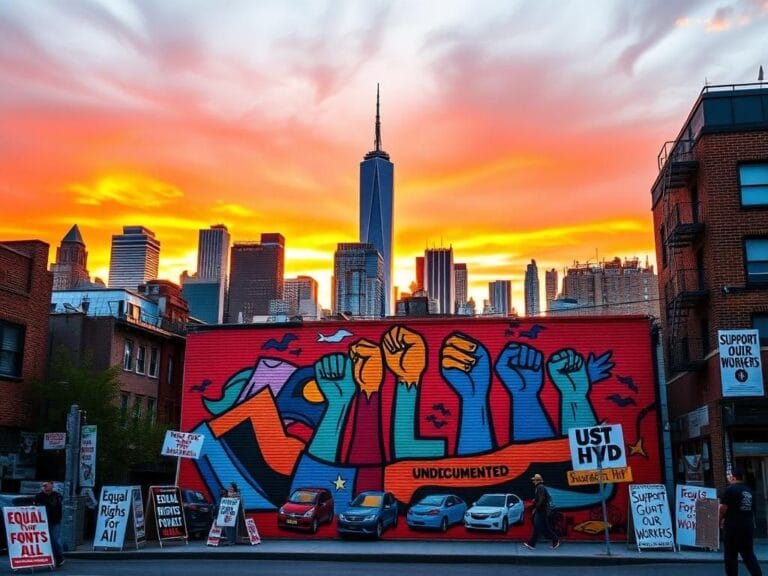 Flick International Vibrant urban sunset scene of New York City showcasing major skyscrapers and a mural symbolizing support for undocumented immigrants