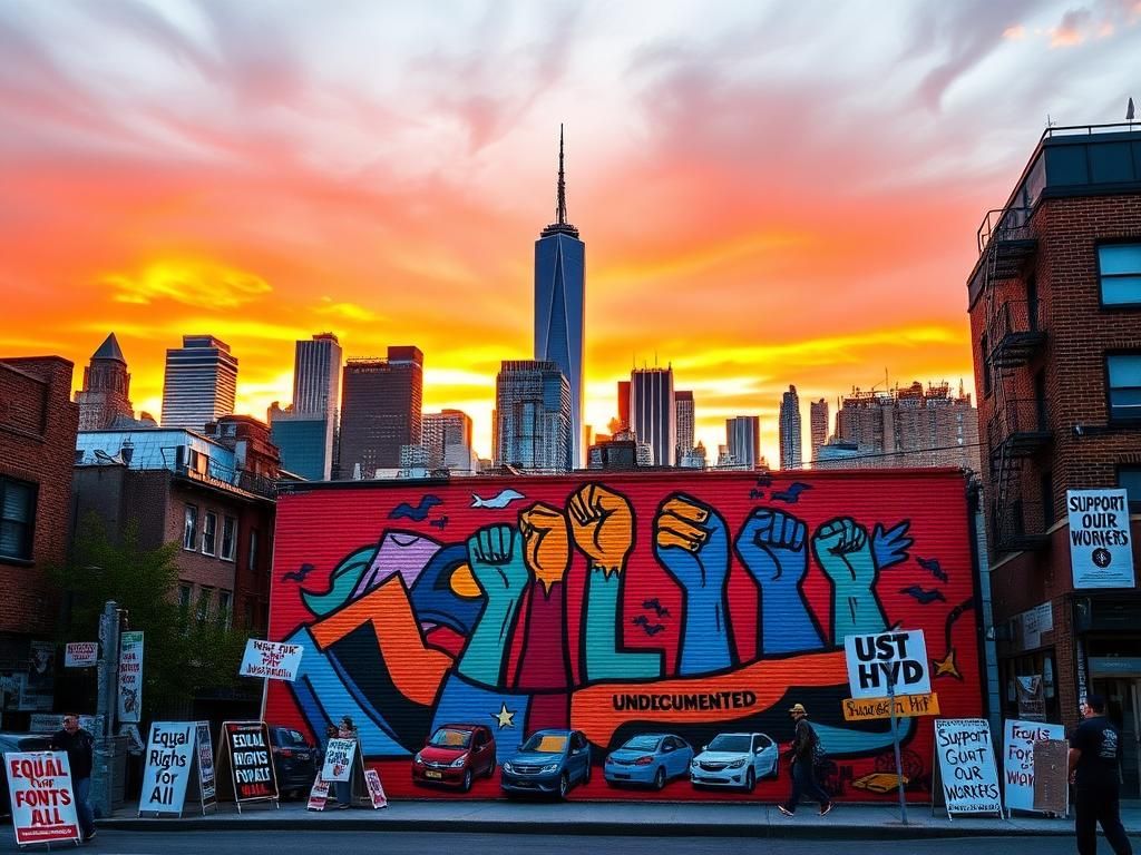 Flick International Vibrant urban sunset scene of New York City showcasing major skyscrapers and a mural symbolizing support for undocumented immigrants