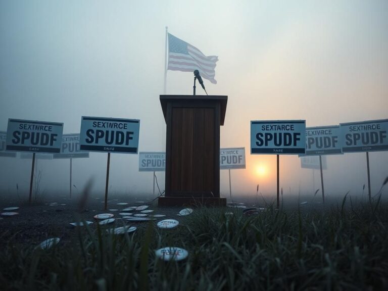 Flick International A deserted campaign trail with a worn-out podium and empty campaign signs