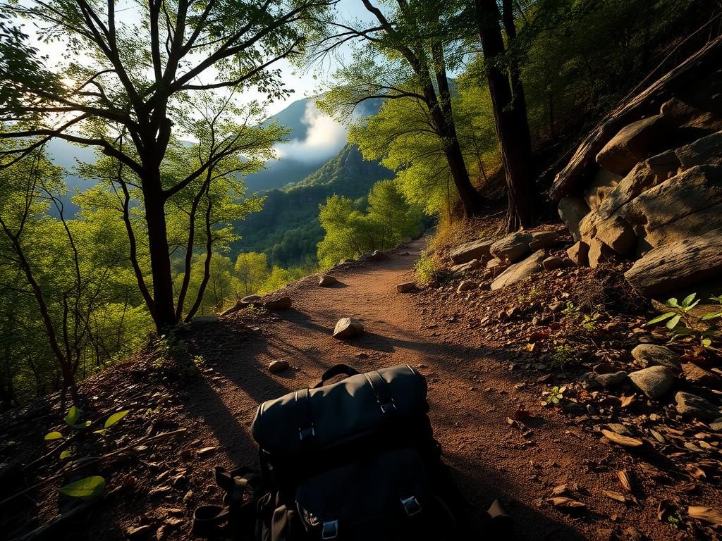 Flick International Serene landscape of Devil's Den State Park with an abandoned backpack on the hiking trail