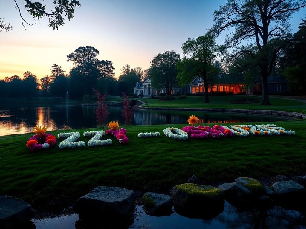 Flick International A serene lakeside scene with a garden spelling 'OZZY F---ING OSBOURNE' at dusk.