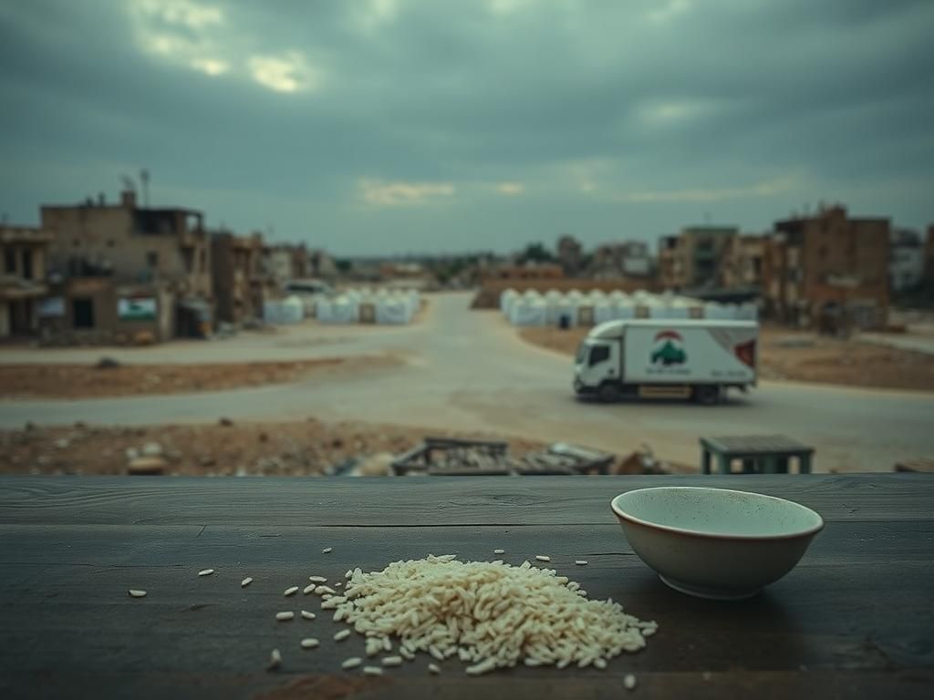 Flick International Desolate landscape of Gaza highlighting the humanitarian crisis with empty streets and a barren table symbolizing starvation.