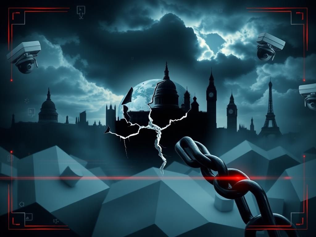 Flick International A dark landscape with a cracked globe symbolizing geopolitical tensions and silhouettes of Western landmarks