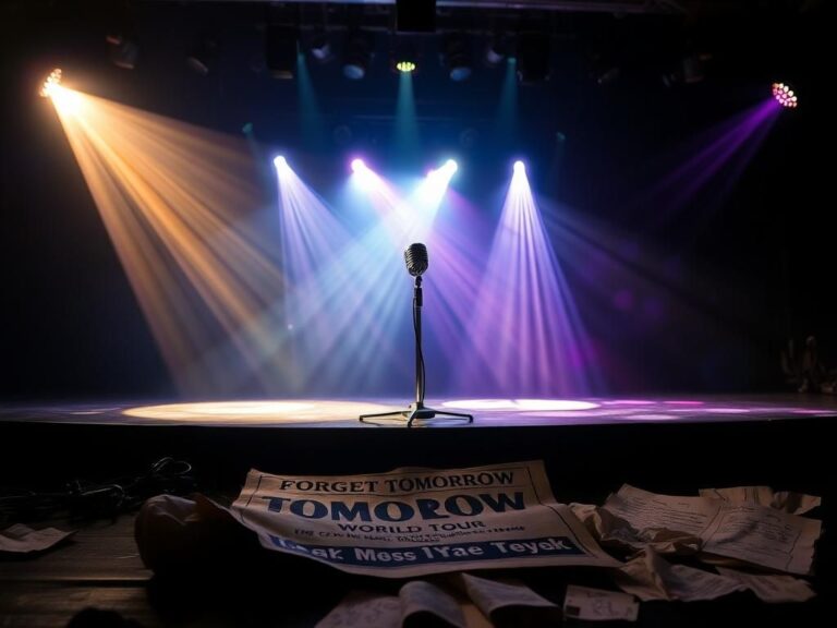 Flick International Dimly lit stage with vibrant lights and a microphone stand, symbolizing Justin Timberlake's performance during his battle with Lyme disease