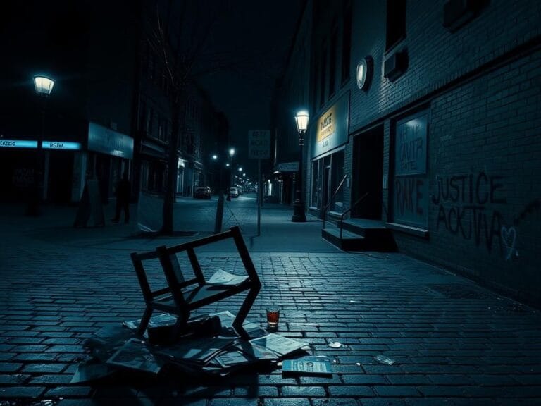 Flick International Dark urban street scene in Cincinnati at night with overturned table and graffiti