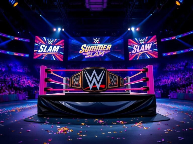 Flick International Vibrant wrestling ring featuring Women's Tag Team Championship belts at SummerSlam