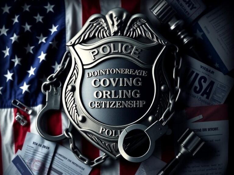 Flick International Abstract representation of a police badge with a faded American flag, symbolizing law enforcement and citizenship issues.