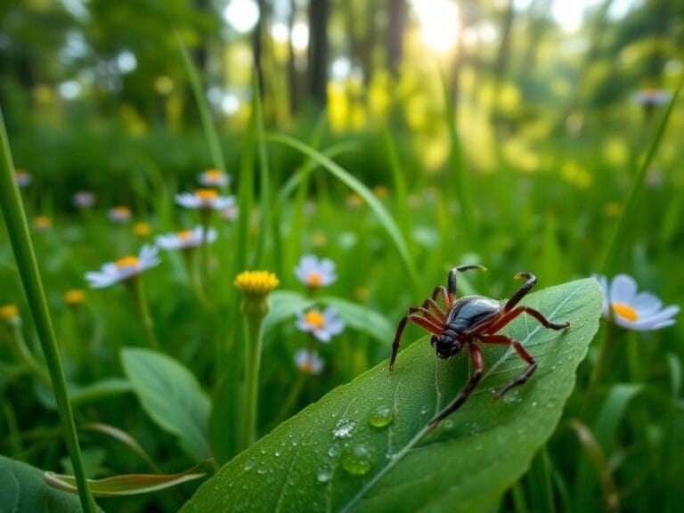 Flick International Close-up of a woodchuck tick on a leaf amidst a lush green landscape in Maine