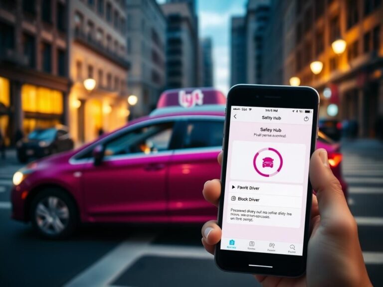 Flick International A vibrant rideshare vehicle parked in a city street with a smartphone displaying the Lyft app features.
