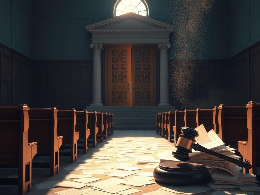 Flick International A dramatic courtroom scene with empty wooden benches symbolizing absence of justice amidst legal documents.