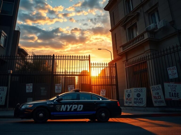 Flick International A sleek black NYPD patrol car parked next to a fortified luxury building with security gates