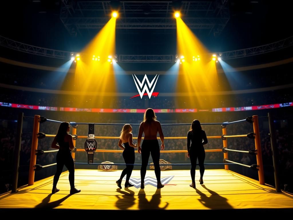 Flick International Dramatic wrestling ring illuminated under powerful spotlights in a massive stadium