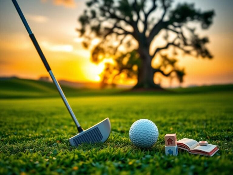 Flick International A serene golf course at sunrise with a golf club and ball symbolizing balance