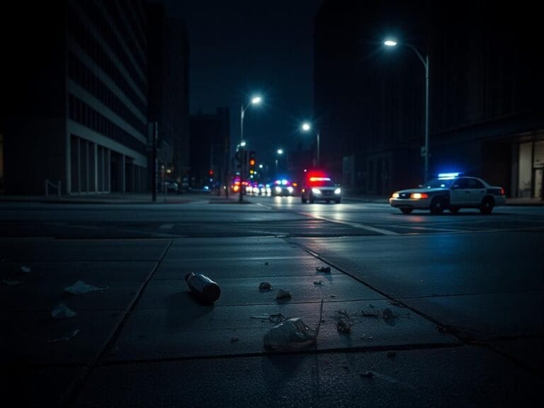 Flick International Dark urban scene depicting a deserted downtown Cincinnati street corner with signs of chaos