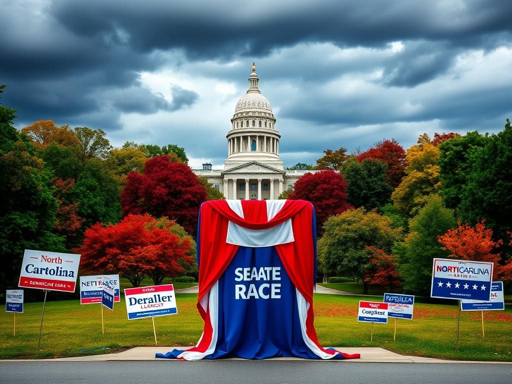 Flick International A dramatic view of the North Carolina State Capitol building surrounded by vibrant fall foliage and a symbolic podium for the Senate race