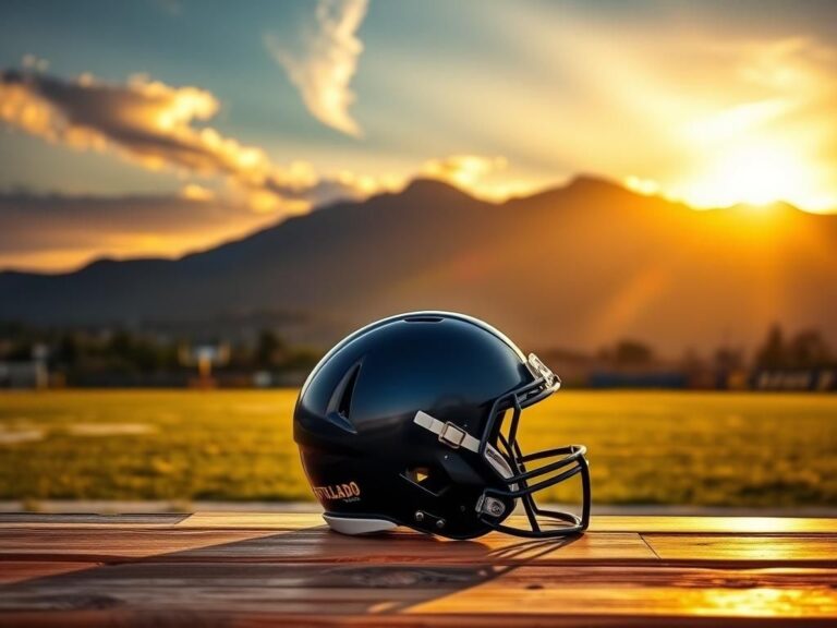 Flick International Vibrant sunset over a football field with an empty helmet symbolizing resilience