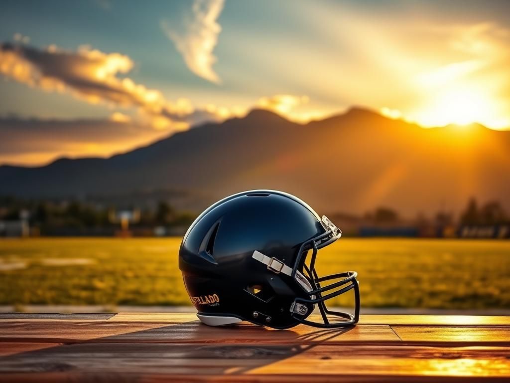 Flick International Vibrant sunset over a football field with an empty helmet symbolizing resilience