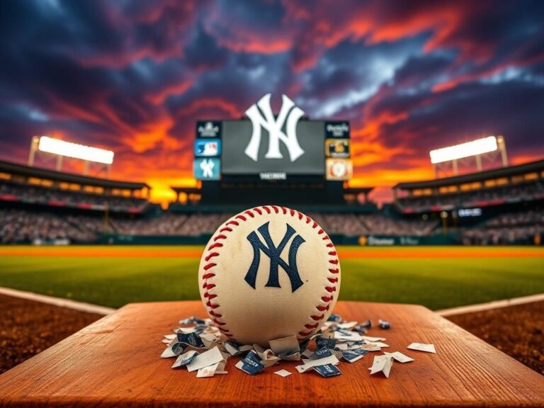 Flick International A vibrant baseball stadium at dusk featuring the New York Yankees logo on the scoreboard