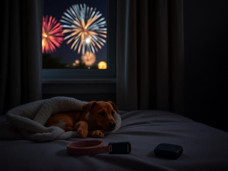 Flick International A cozy indoor space for a dog during Fourth of July celebrations with a GPS tracker on a collar